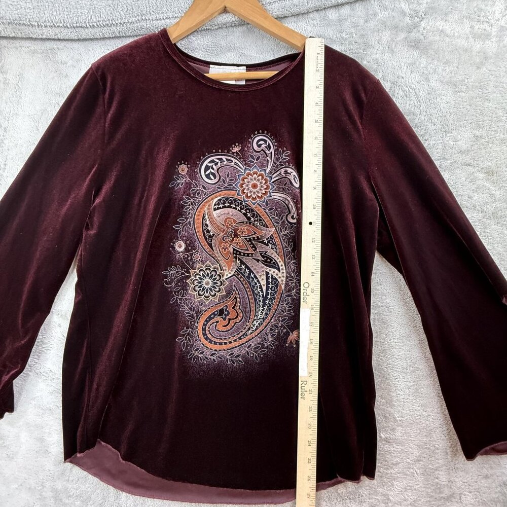 Vintage Casual Land Shirt Women One Size Red Paisley Velour Slit Sleeve Boho Top - Picture 9 of 16